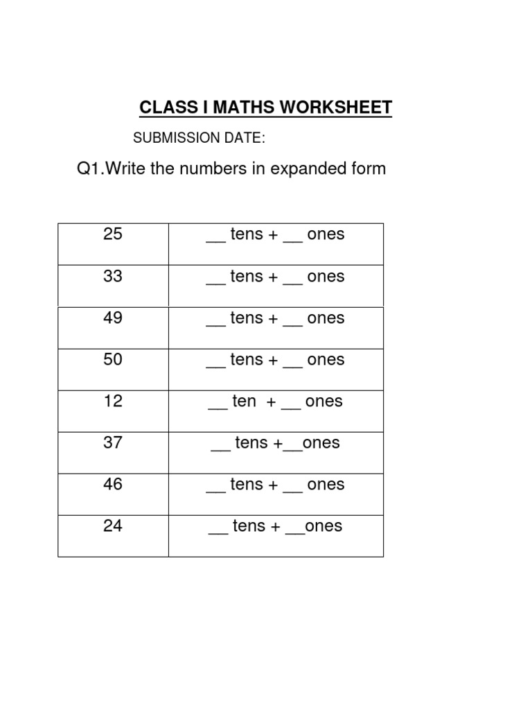 CBSE Class 1 Maths Practice Worksheets (79) - Expanded Form | PDF
