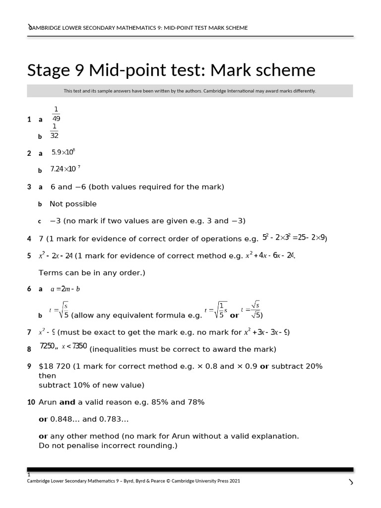 Ls Maths9 2ed TR Mid Point Test Answers Editable | PDF | Area | Equations