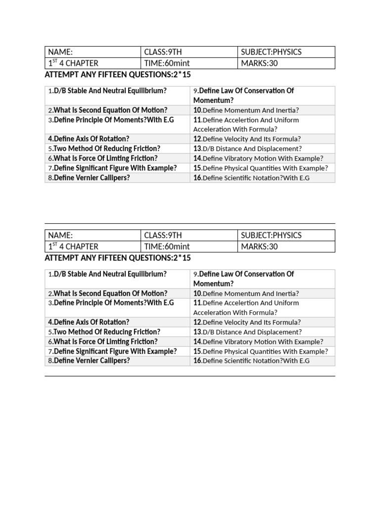 9th Grade Physics Exam Questions Guide | PDF