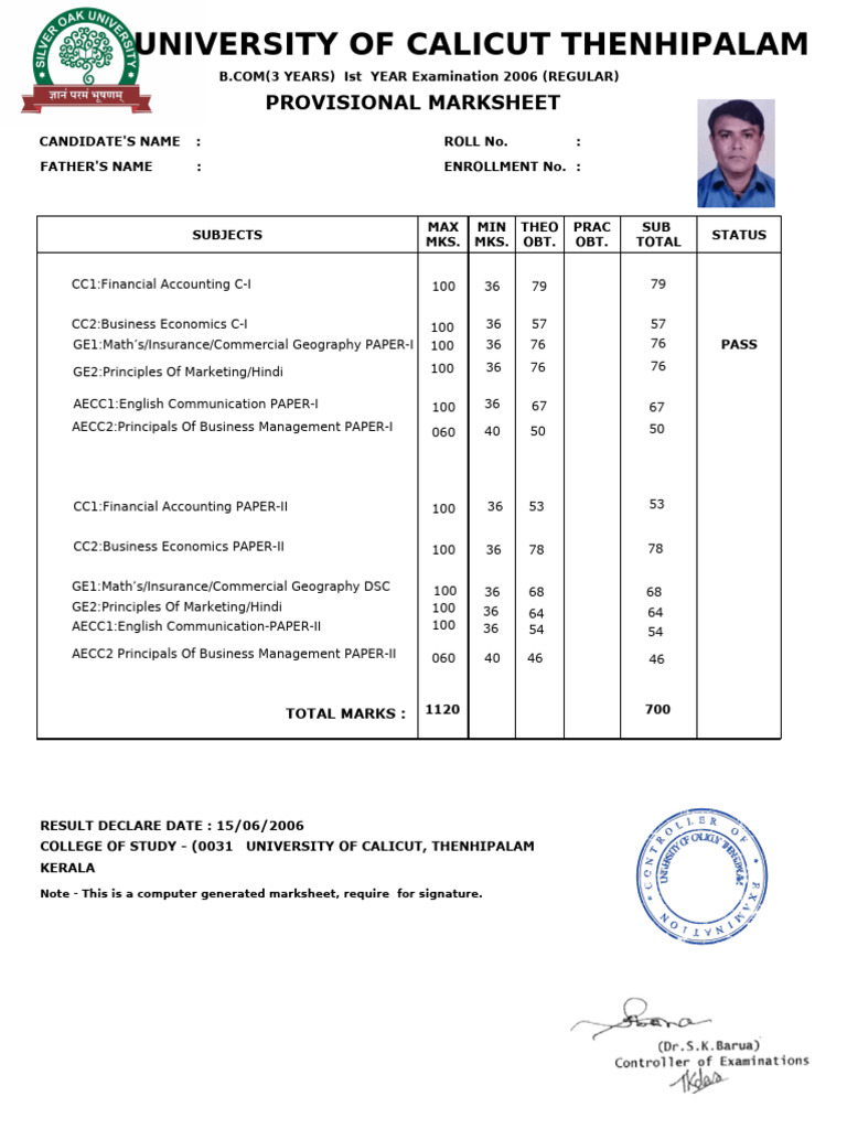 B.Com 1st Year Provisional Marksheet | PDF