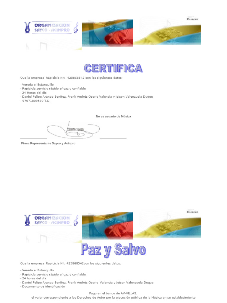Certificado Paz y Salvo Sayco y Acinpro | PDF