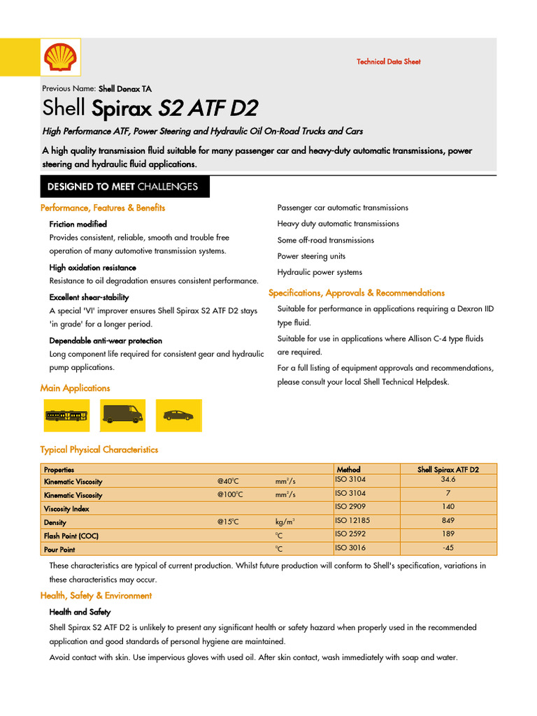 Shell Spirax S2 ATF D2 Overview | PDF | Mechanical Engineering