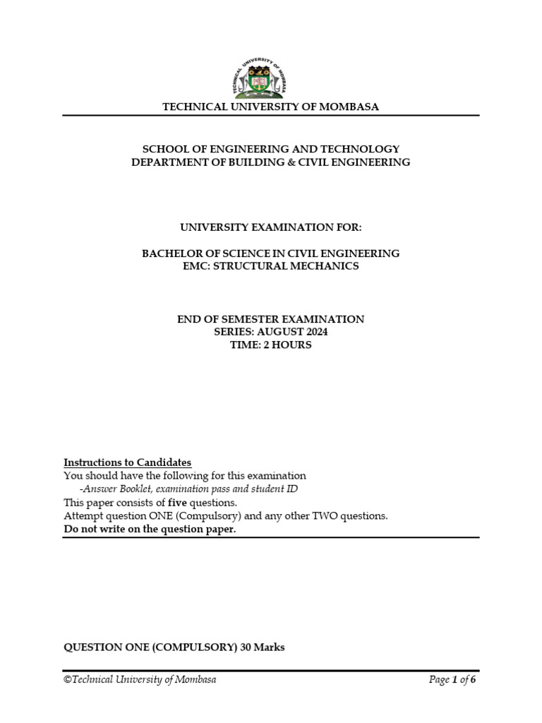 Civil Engineering Exam: Structural Mechanics | PDF | Deformation ...