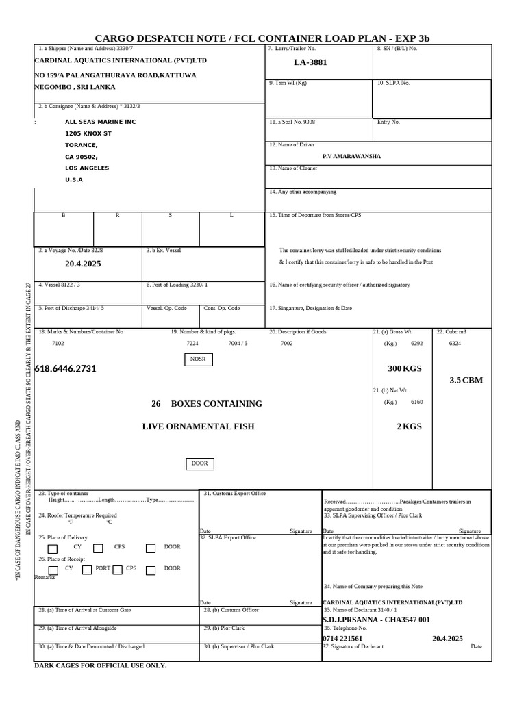 Cargo Despatch for All Seas Marine Inc | PDF | Transport | Supply Chain ...
