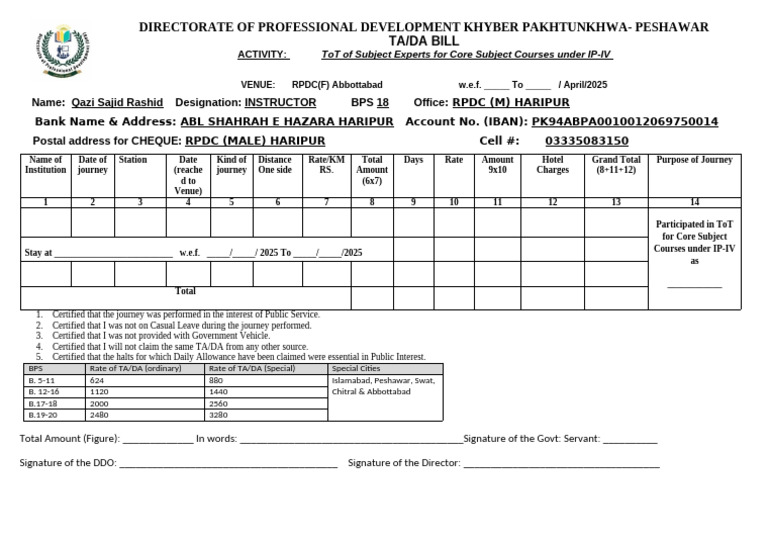 TA/DA Bill for ToT Training in KPK | PDF