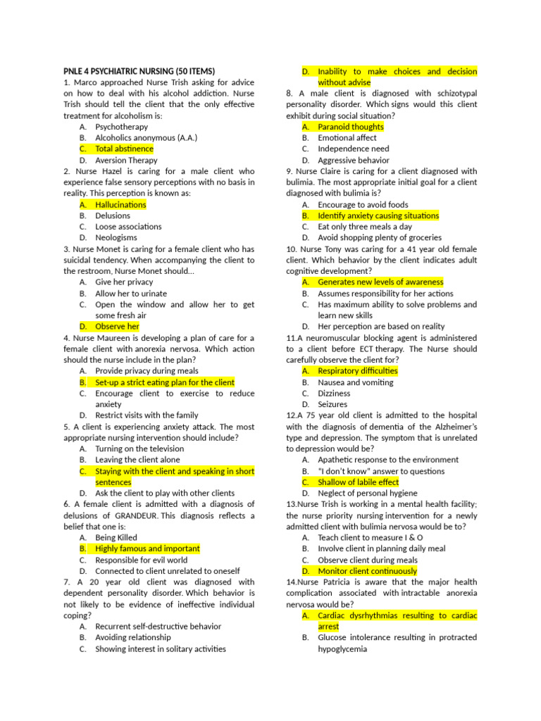 PNLE Psychiatric Nursing Practice Exam | PDF | Mental Disorder | Anxiety