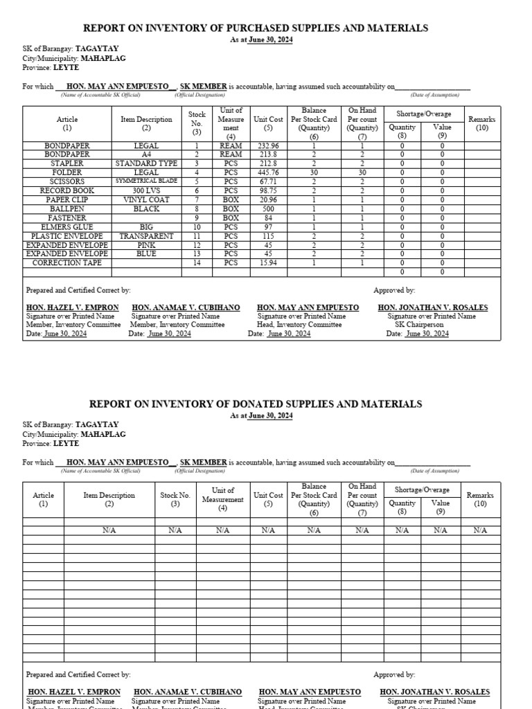 Inventory Report for Barangay Tagaytay | PDF | Inventory