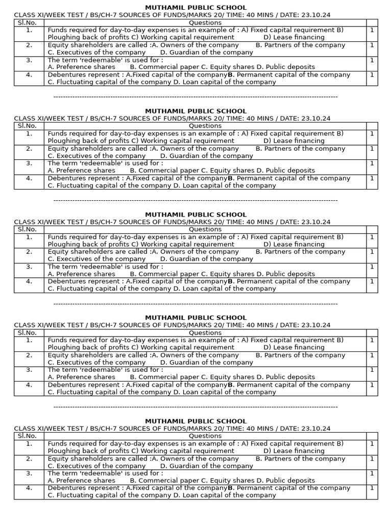 11 Bs Ch-7 Sources of Fund | PDF | Preferred Stock | Equity (Finance)