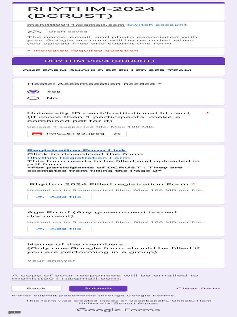 Rhythm 2024 Registration Form DCRUST | PDF