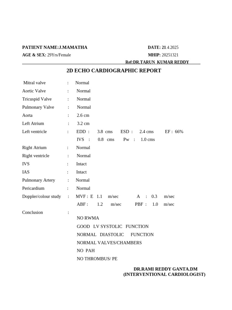 Normal 2D Echo Report for J. Mamatha | PDF