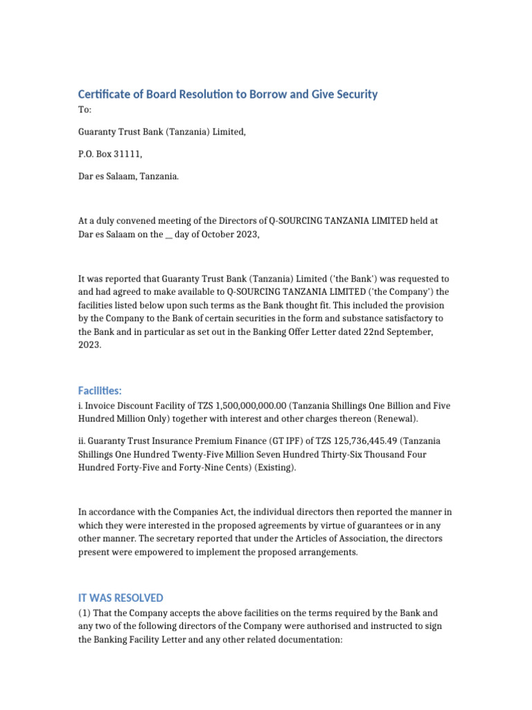 Certificate of Board Resolution | PDF