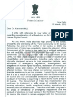 Indian PM's letter to Karunanidhi about UN resolution against Sri Lanka