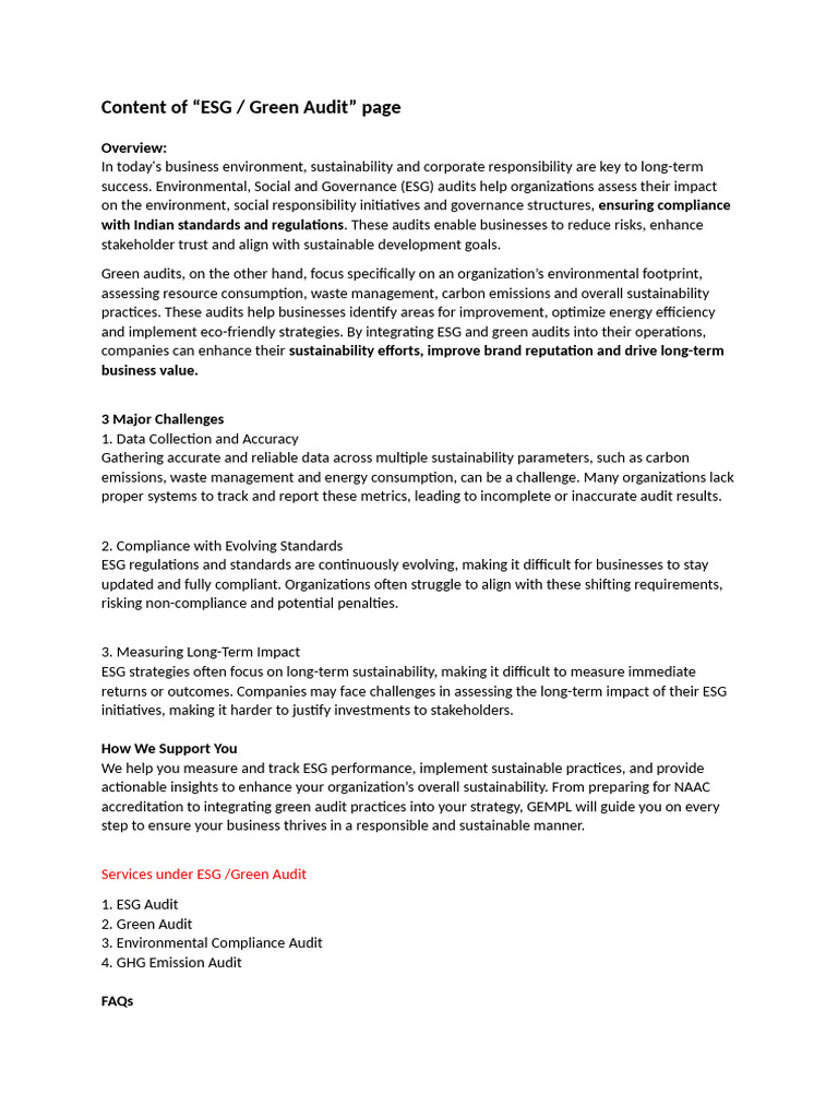 ESG and Green Audit Services Overview | PDF | Corporate Social ...