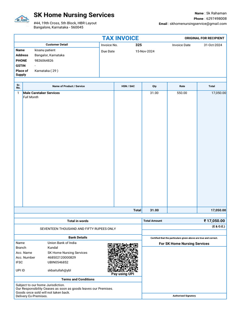 Invoice 325 Kisanu Patient Inu Kakkar Deshpande 09-20-16 | PDF