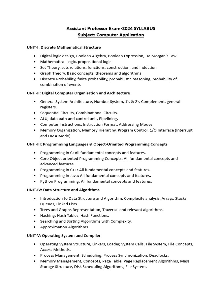 2024 Assistant Professor Computer Application Syllabus | PDF | Teaching ...
