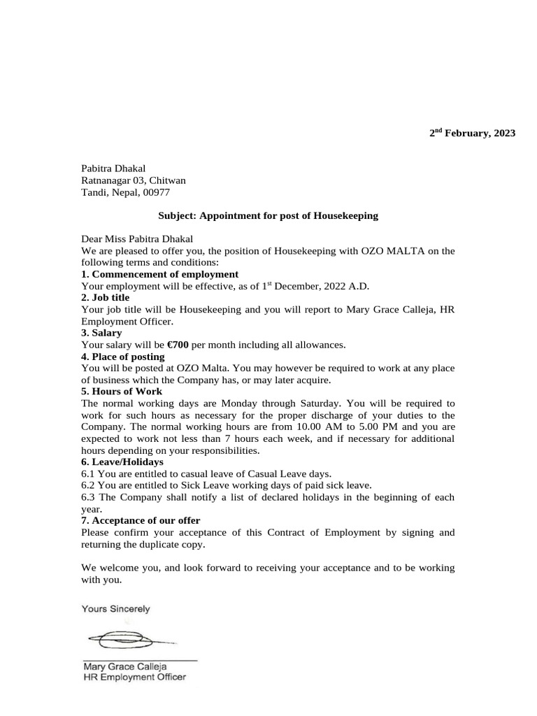 Appointment Letter Format | PDF