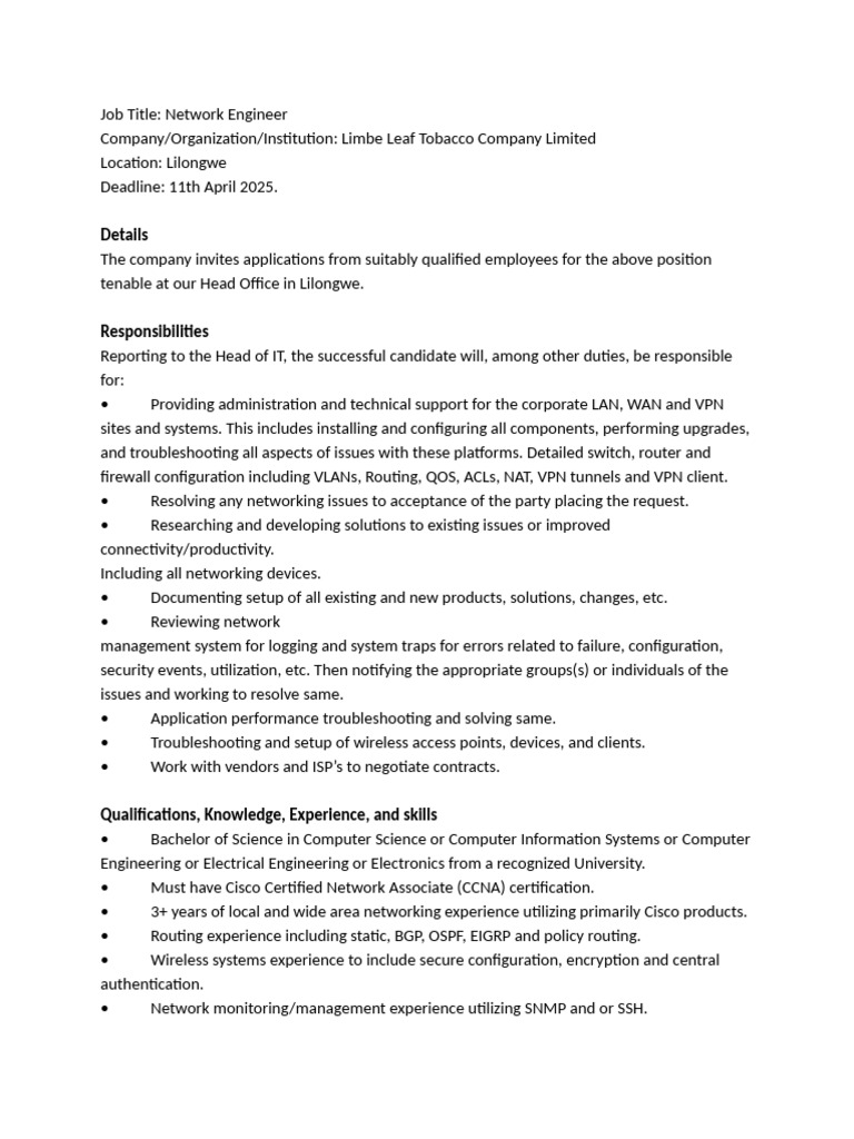 Network Engineer Vacancy at Limbe Leaf | PDF | Computer Network