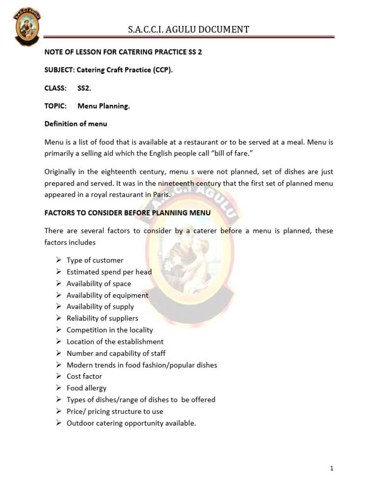 Catering Craft Practice | PDF | Menu | Foods