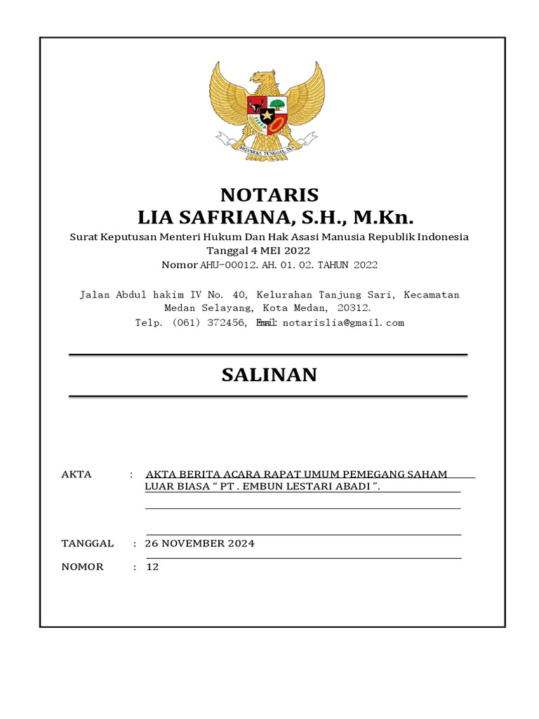 Contoh Cover Akta Notaris LIA SAFRIANA | PDF