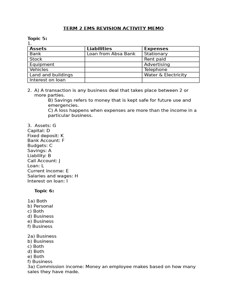 Term 2 EMS Revision Activity Guide | PDF | Loans | Interest