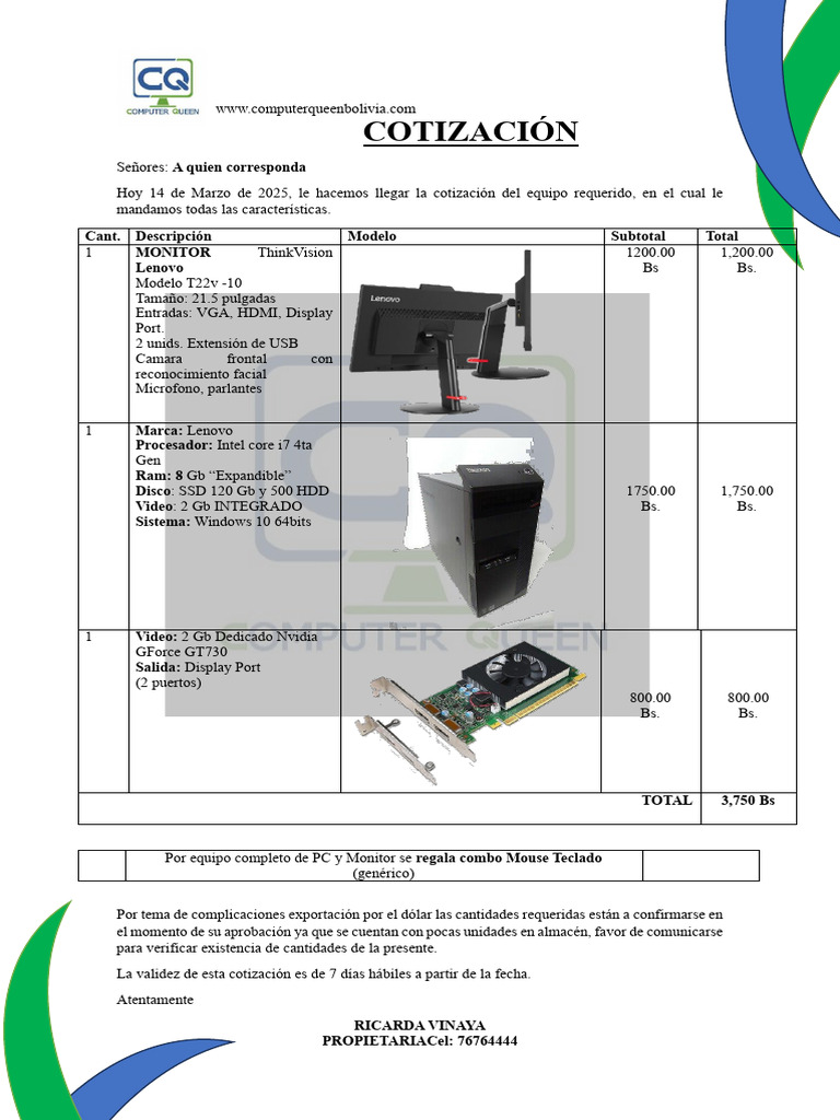 Cotización Equipos de Computación Bolivia | PDF
