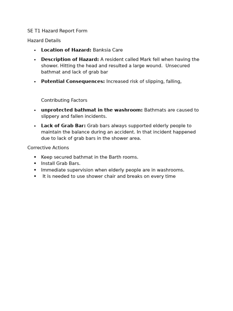 Bathroom Hazard Risk Assessment | PDF