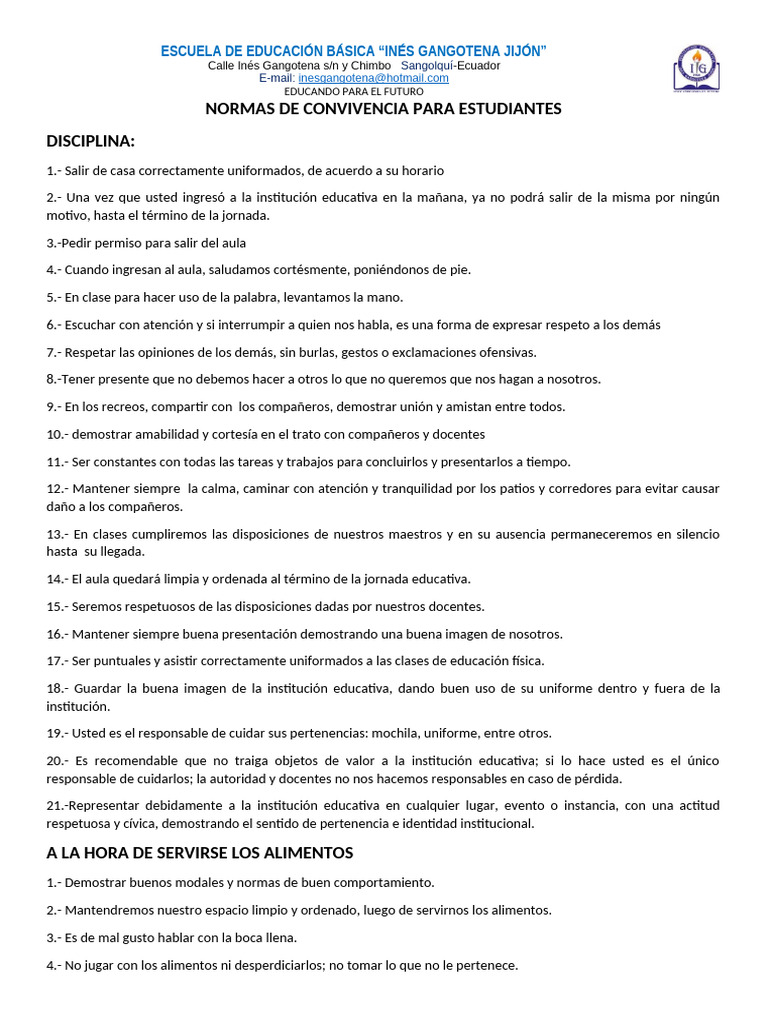 Normas de Convivencia Escolar 2025 | PDF | Salón de clases | Escuelas