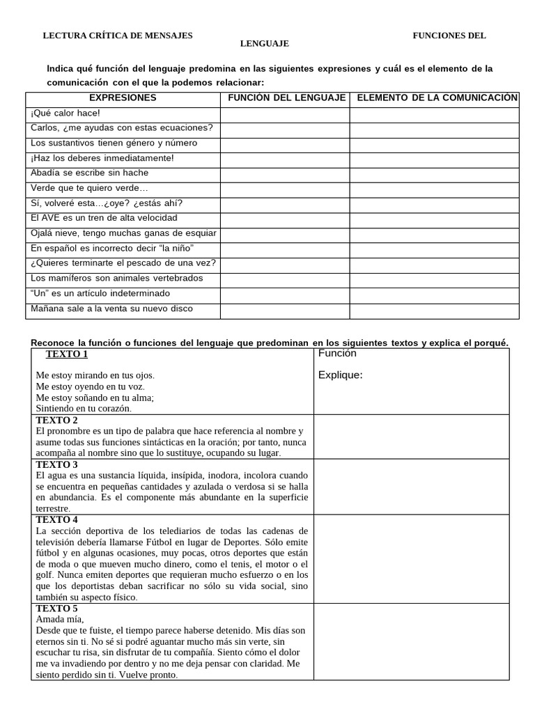 EJERCICIOS FUNCIONES DEL LENGUAJE (1) | PDF