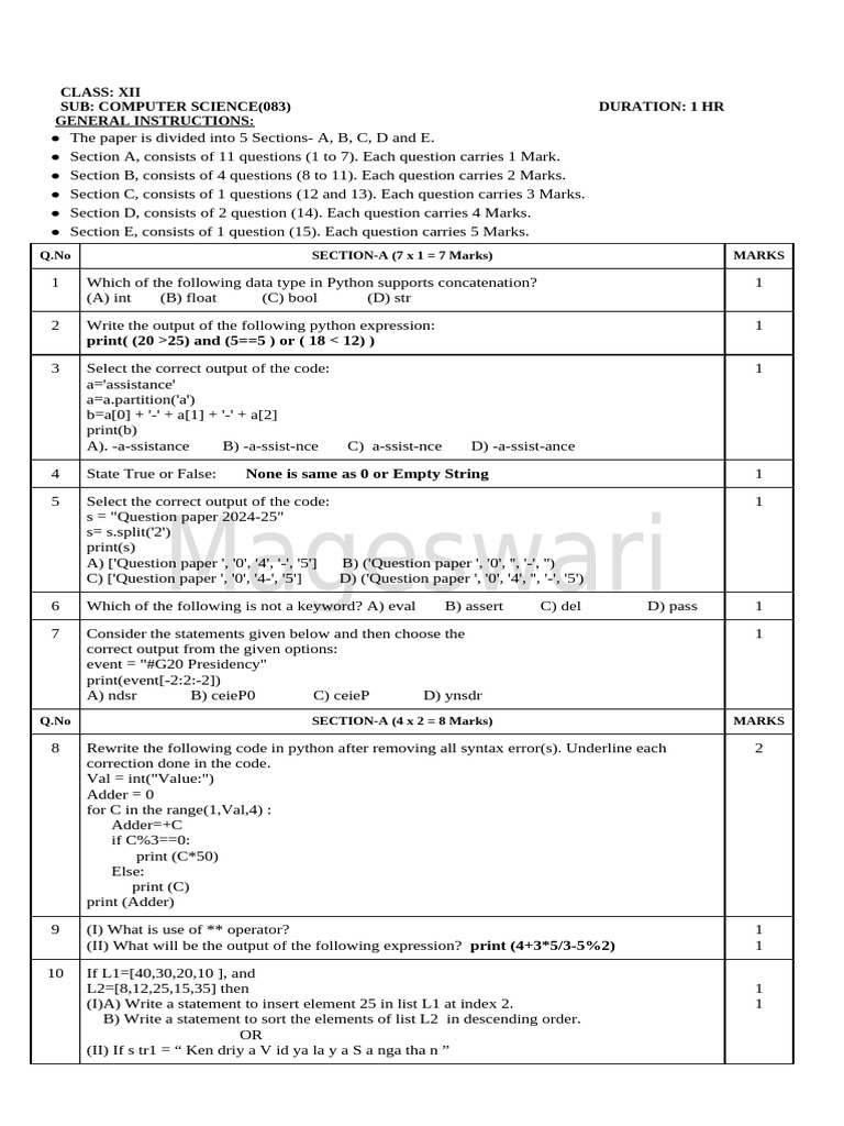 Class XII Computer Science Exam Paper | PDF | Computer Engineering ...