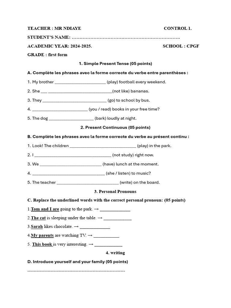First Form English Grammar Exercises | PDF