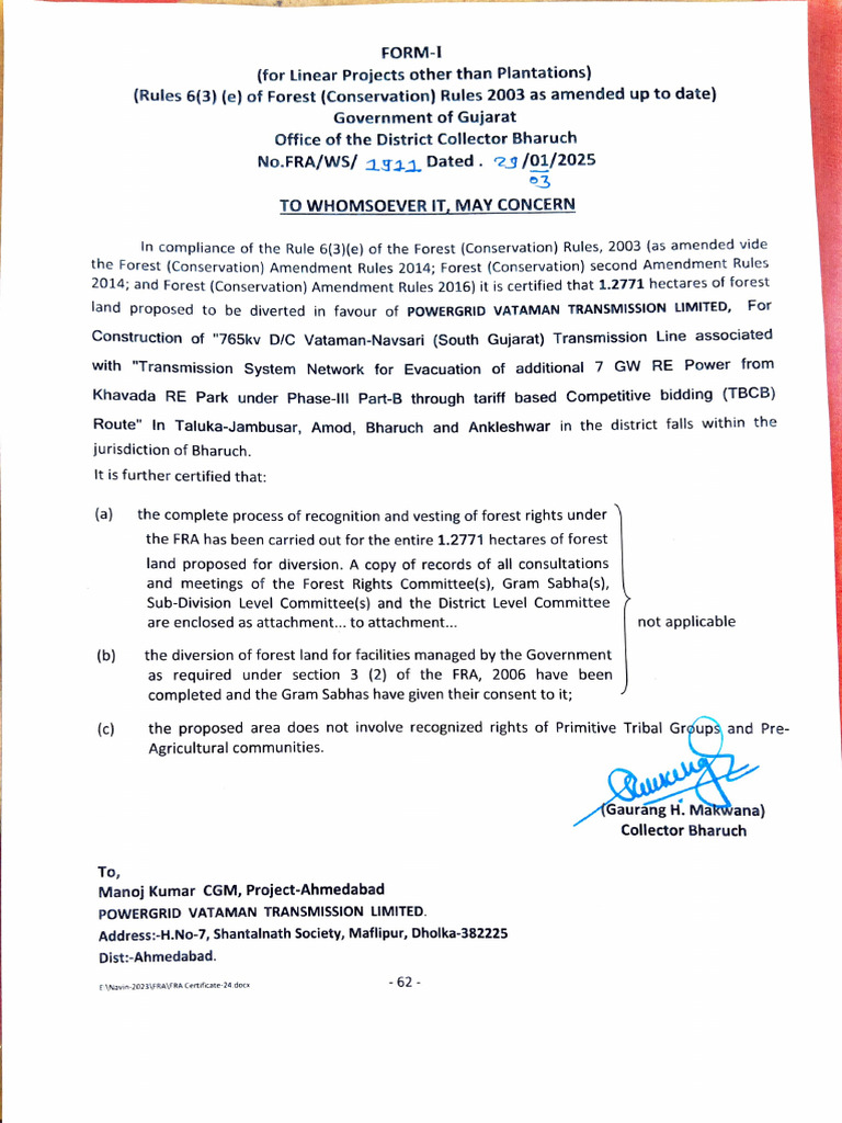 FRA Certificate for Forest Land Diversion | PDF