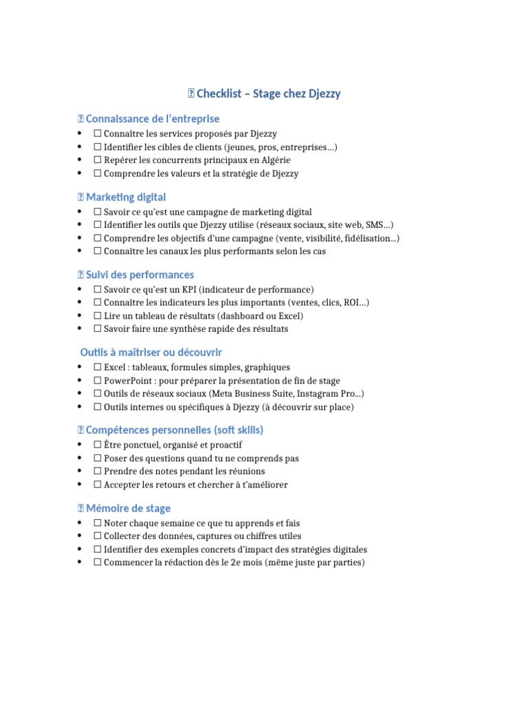 Curated visual reference: Gallery Detail: Checklist Pour Stage Chez Djezzy