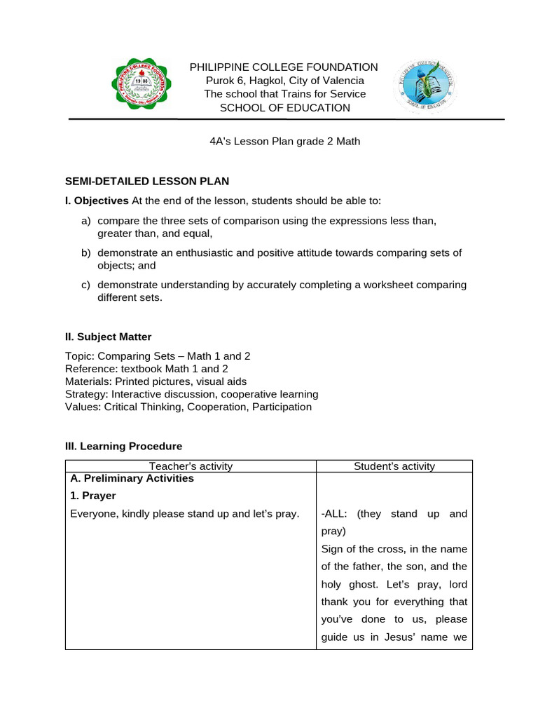 Lesson Plan Grade 1 and 2 Math Final | PDF | Lesson Plan | Human ...
