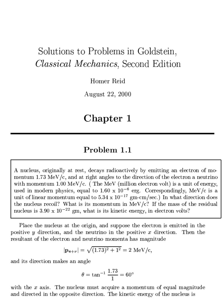 Classical Mech 2nd Ed Goldstein Solutions 2 Problems 00 Reid P70 Pirx Pdf