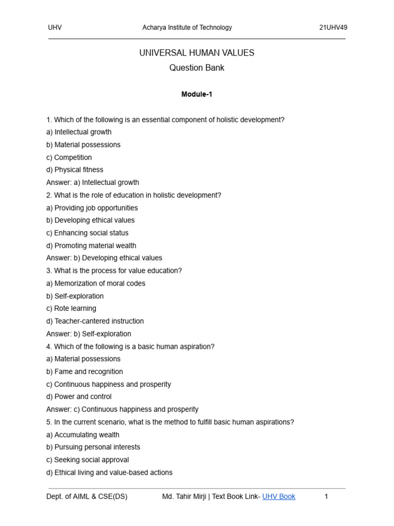 UHV Question Bank for Holistic Development | PDF | Disciplines | Self ...