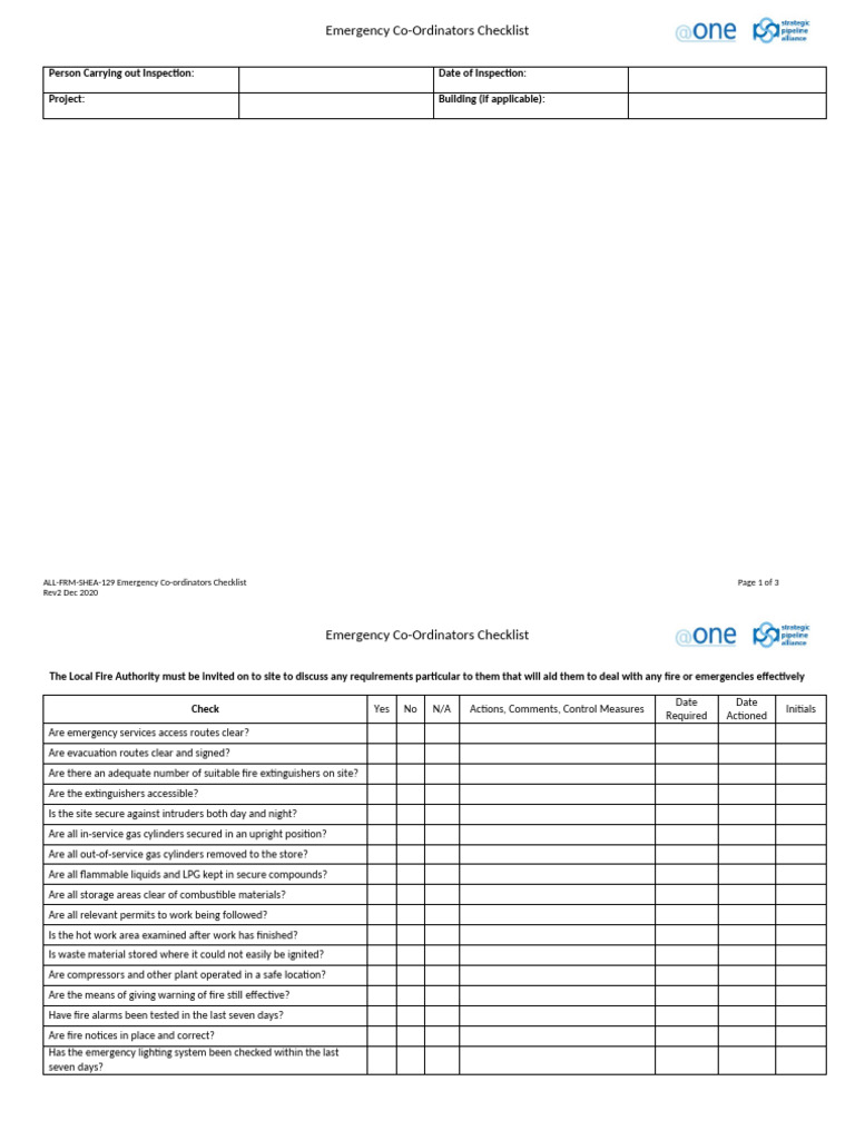 Emergency Coordinators Checklist (ALL-FRM-SHEA-129) | PDF | Fires ...