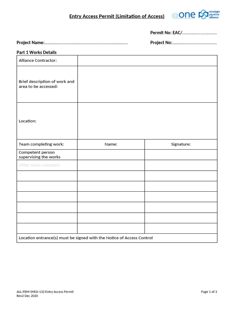 Entry Access Permit Guidelines | PDF | Safety | Occupational Safety And ...