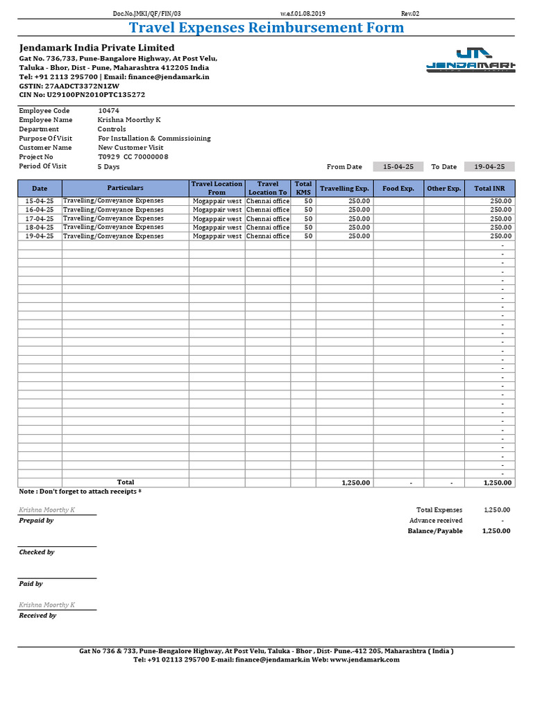 Travel Expenses Reimbursement Form | PDF