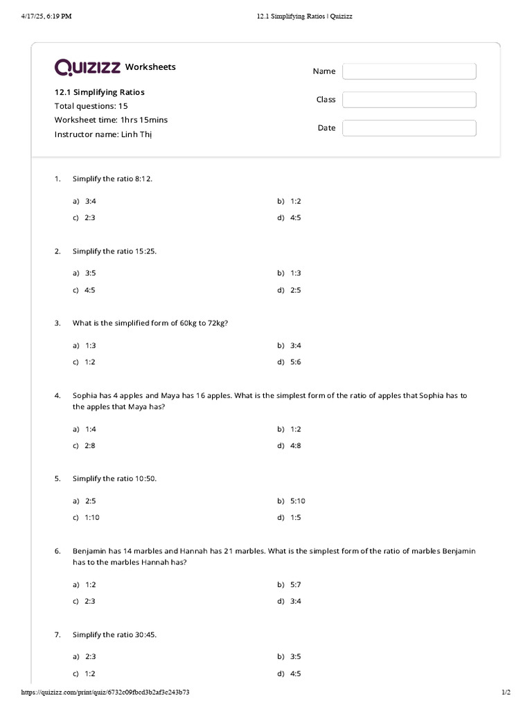 12.1 Simplifying Ratios - Quizizz | PDF | Division (Mathematics ...