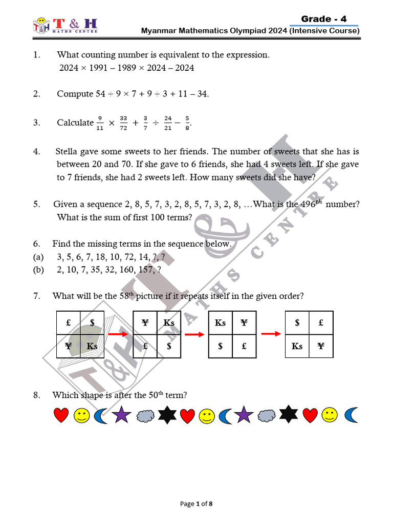 Myanmar Math Olympiad 2024: Grade 4 Questions | PDF | Area ...