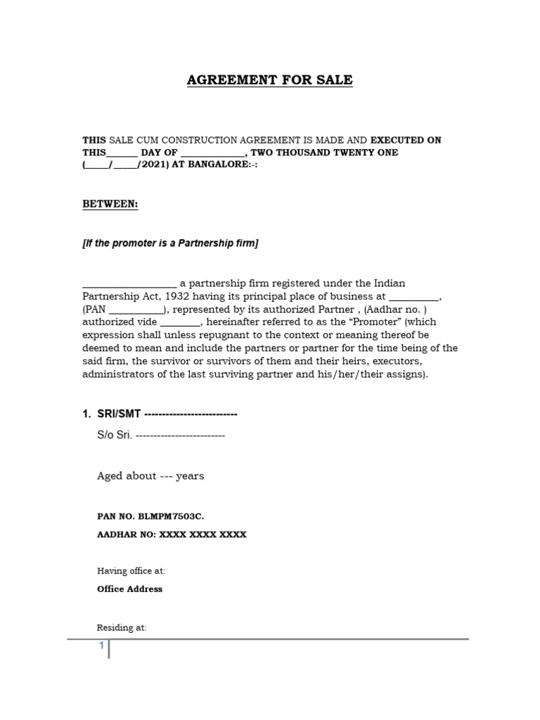 agreement for sale proforma | PDF | Taxes | Payments