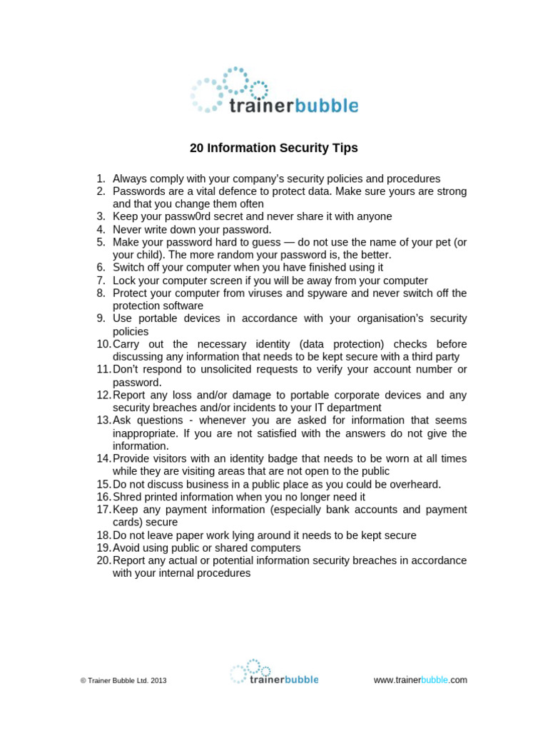 20 Information Security Tips | PDF