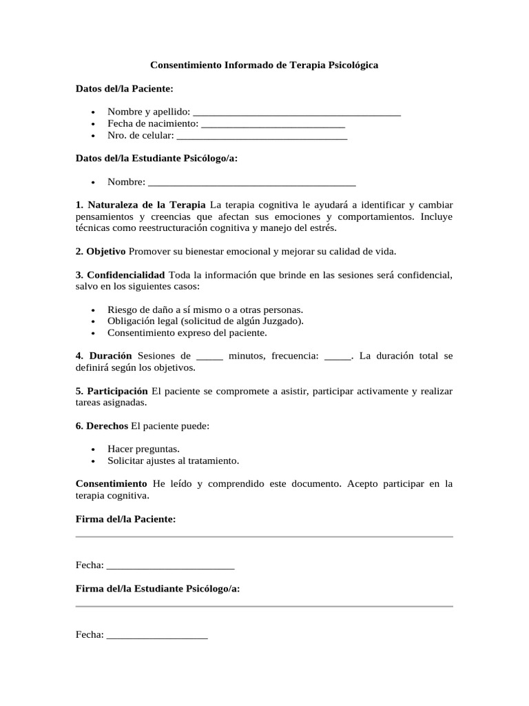 Consentimiento Terapia Psicológica | PDF