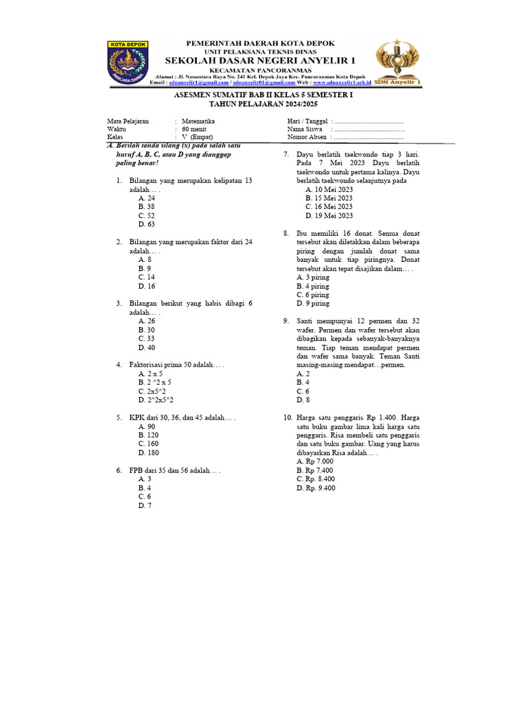 Sumatif Harian Matematika Bab 2 | PDF