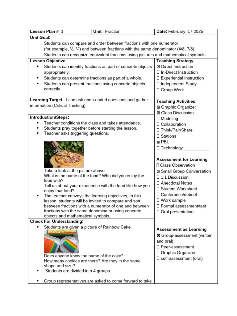 Fraction Comparison Lesson Plan | PDF | Lesson Plan | Procedural Knowledge