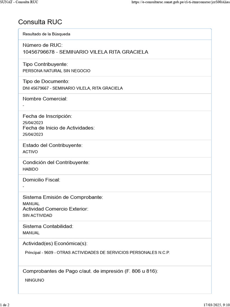 Consulta RUC: SEMINARIO VILELA RITA | PDF