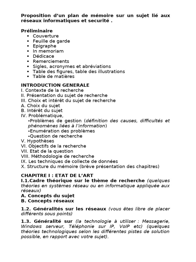 Plan Detaile Pour Le Memoire en Reseau Informatique | PDF ...
