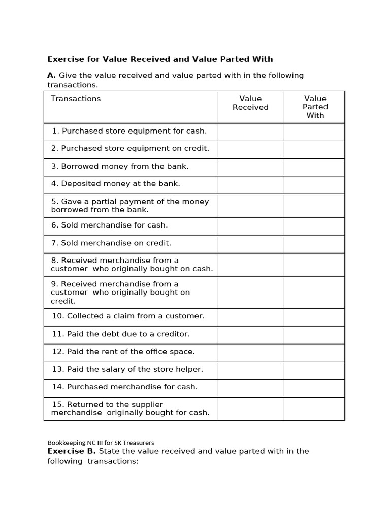 Value Received and Parted With Exercise | PDF