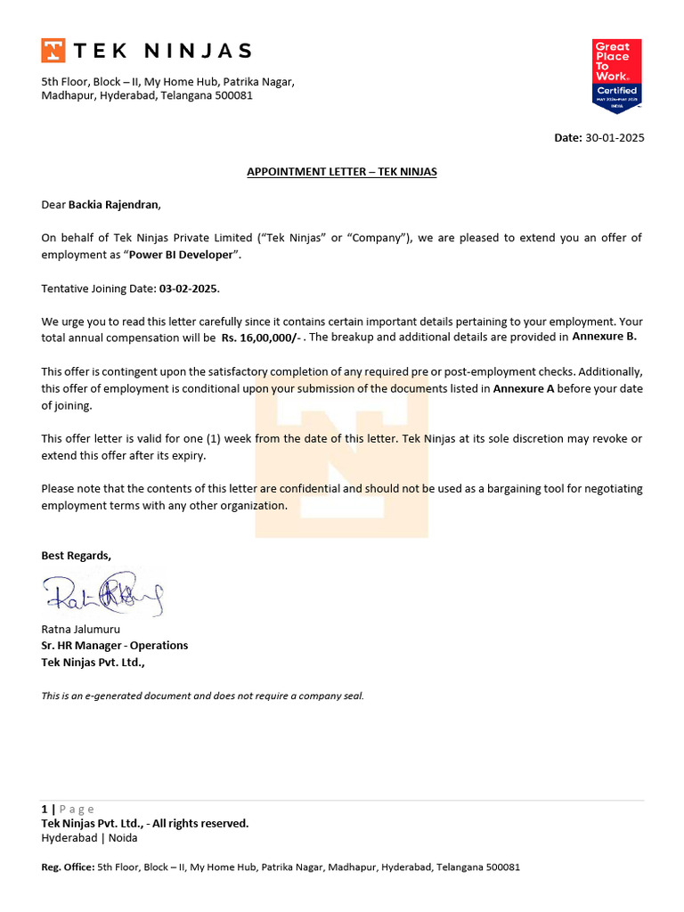 Appointment Letter for Power BI Developer | PDF | Employment