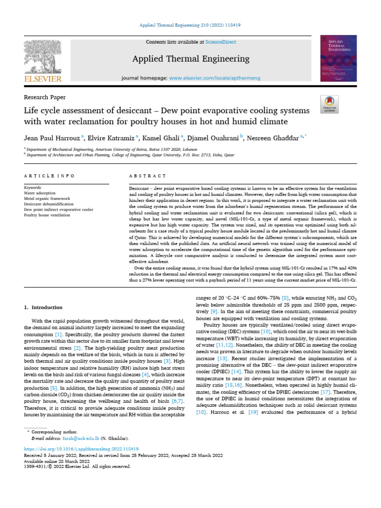 Life Cycle Assessment of Desiccant - Dew Point Evaporative Cooling ...
